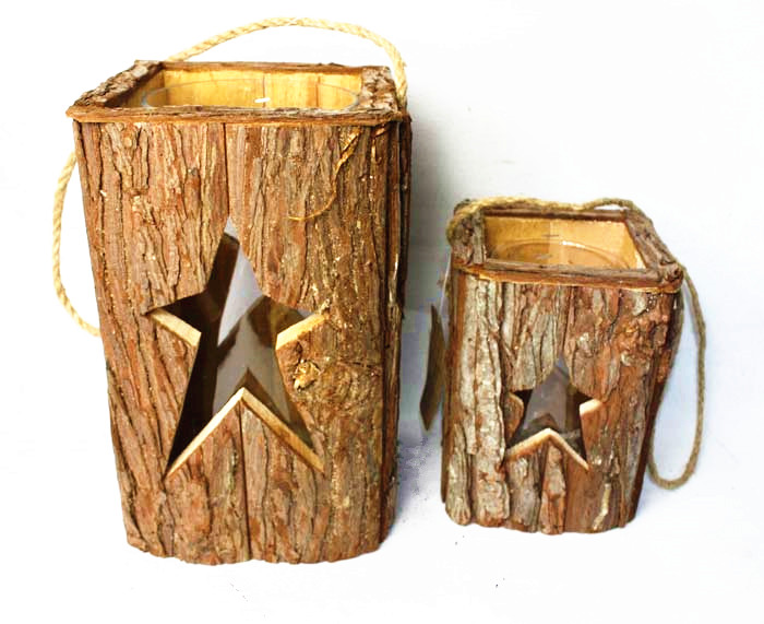 WOODEN TREE BARK RUSTIC CUT OUT STAR HURRICANE  LANTERN