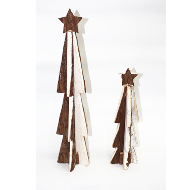 wood bark christmas tree with snow