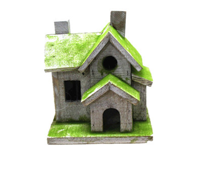 primitive wooden birdhouse with three rooms
