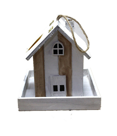 wooden birdhouse with feeders