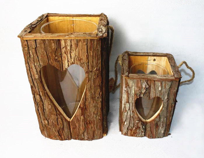 WOODEN TREE BARK CARVED HEART HURRICANE  LANTERN